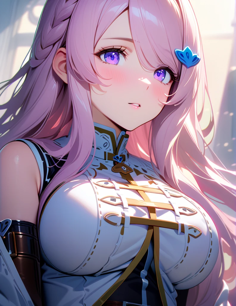 masterpiece, top quality, Super details, 8K, Detail lights, Detailed shadows, (real: 1.2),, 1 girl, wearing intricate clothes, purple eyes, moderate breast, narmaya, portrait 
