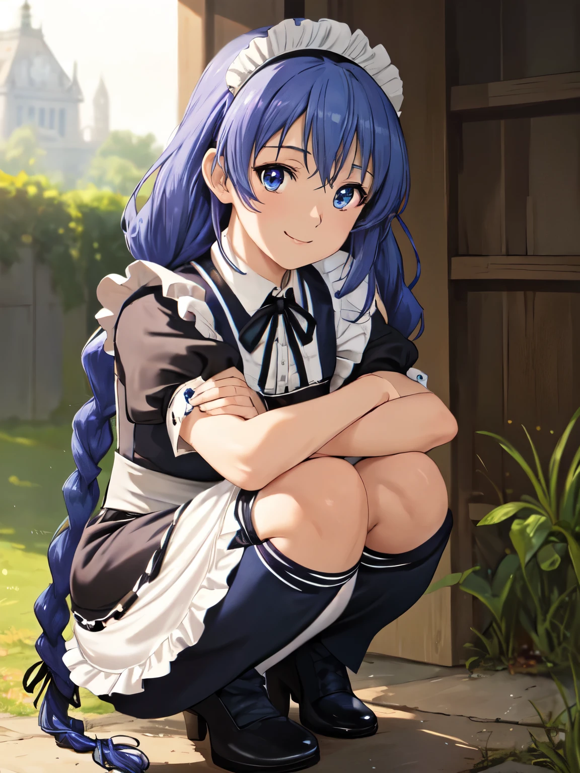 Best Quality, (Anime illustration style:1.2), (Shooting from the front:1.3),(With legs open:1.2)、roxy migurdia ,Fine, 1girl, solo, smile, Twin braids, Long Hair, (Beautiful blue eyes、Sparkling Eyes, fine grain)、smile、Closed Mouth、Blue Hair, blue eyes, (victorian maid outfit:1.3), stand, sight, Outdoor, Cowboy Shot, (Realistic, Photorealistic:1.3),Shift the center of gravity backwards, (Squat:1.2), Place your heels on the ground, Squat