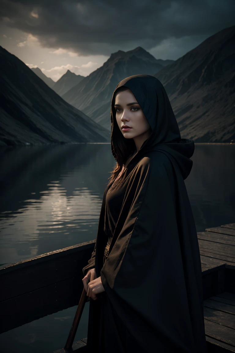 beautiful woman with pale skin, dark hair and piercing eyes, wearing a dark hooded robe, guiding a boat across the river Styx, dramatic lighting, muted color palette, dramatic composition, photorealistic, highly detailed, intricate textures, cinematic lighting, moody atmosphere, fantasy art