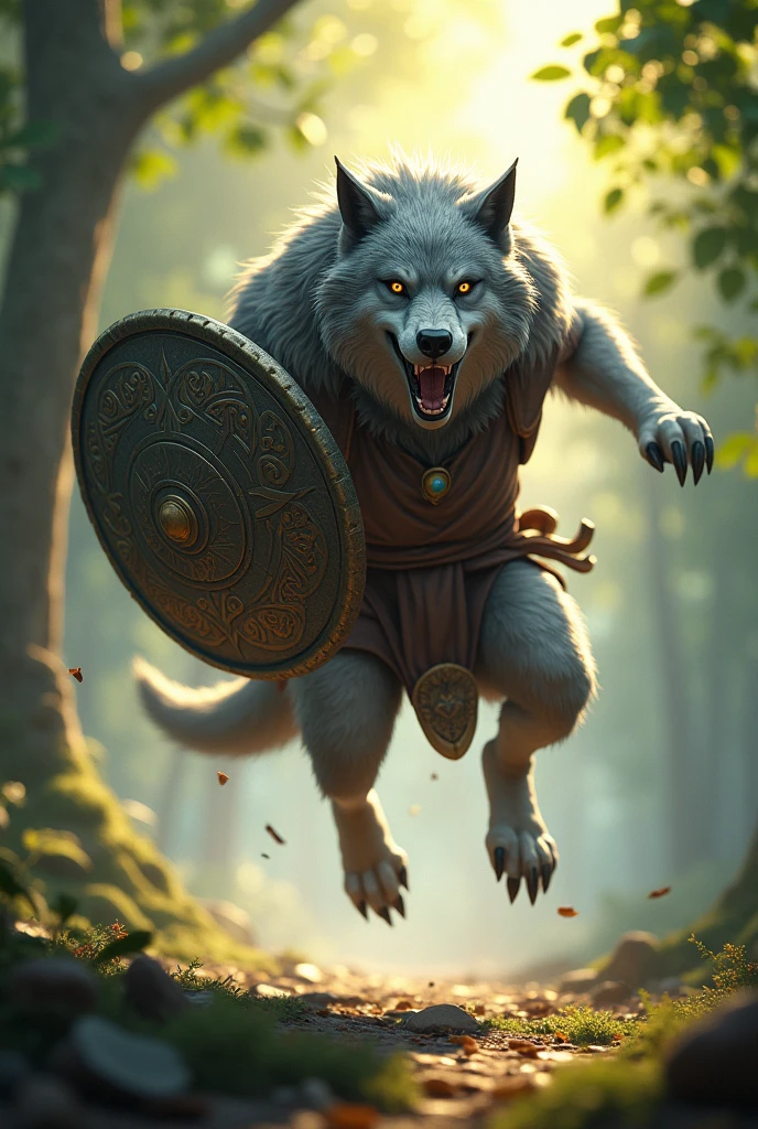 
sequence of images of a giant white wolf in a dark forest running and transforming into a light-skinned human, a Celtic warrior, with a Celtic uniform, shield and sword, full body, full HD 16k