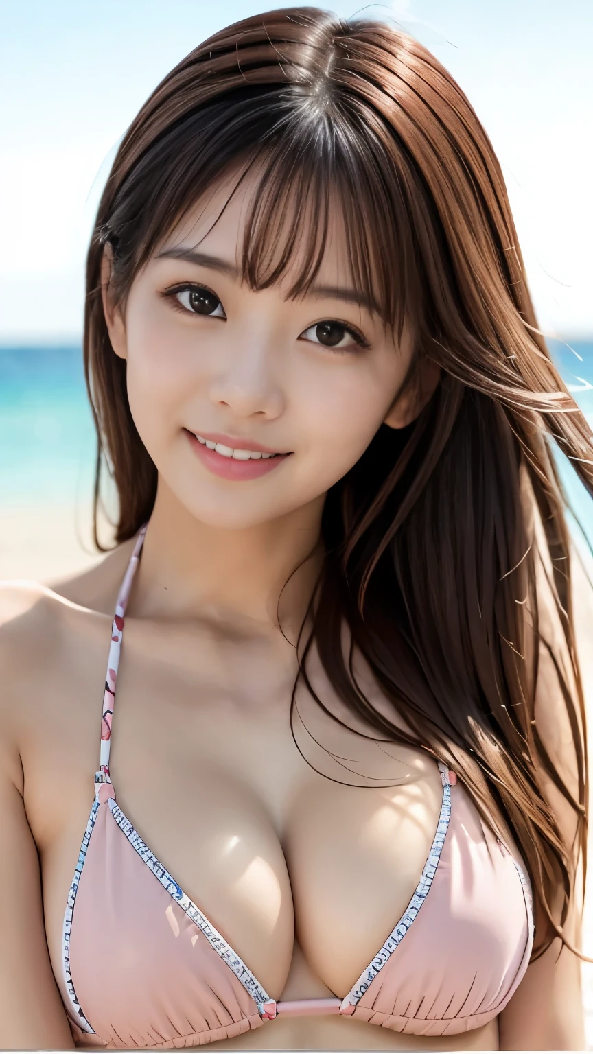 (masterpiece, Best Quality:1.2), One Girl, Alone, cute, 1, Realistically, Very detailed, High resolution, 8K wallpaper, (Beautiful Japanese Woman:1.3), cute顔, sexy, Pink wet lips, Black Hair, bangs, (Pink Bikini, Swimwear:1.2), スリムで美しいsexyな体型,  Perfect dynamic composition, beautiful eyes, Delicate hair, Detailed Realistically skin texture,  Portrait, Model Body Type, smile,Blurred Background, (Beautiful summer beach),
