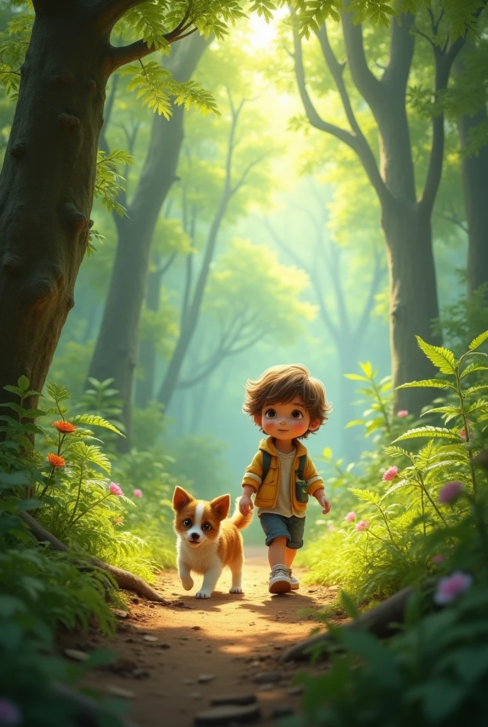 Create a child with a small dog walking in the forest - SeaArt AI