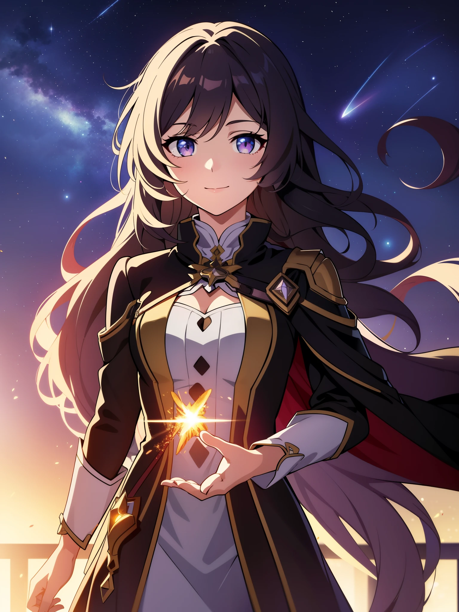 (high-quality, breathtaking),(expressive eyes, perfect face) portrait, 1girl, female, solo, young teen, black hair, pink eye color, long hair length, soft wavy hair, gentle smile, loose hair, side bangs, looking at viewer, portrait, medium full shot, happy expression, ribbon in hair, flower in hair, fantasy clothing, elegant, mature, height 4"3, adventurer attire, warlock attire, warlock profession, short height, Dungeons & Dragons character, jacket, dress, cape, Firefly Honkai Star Rail Character, balcony, Firefly, starry sky, sunrising in the distance, shooting stars
