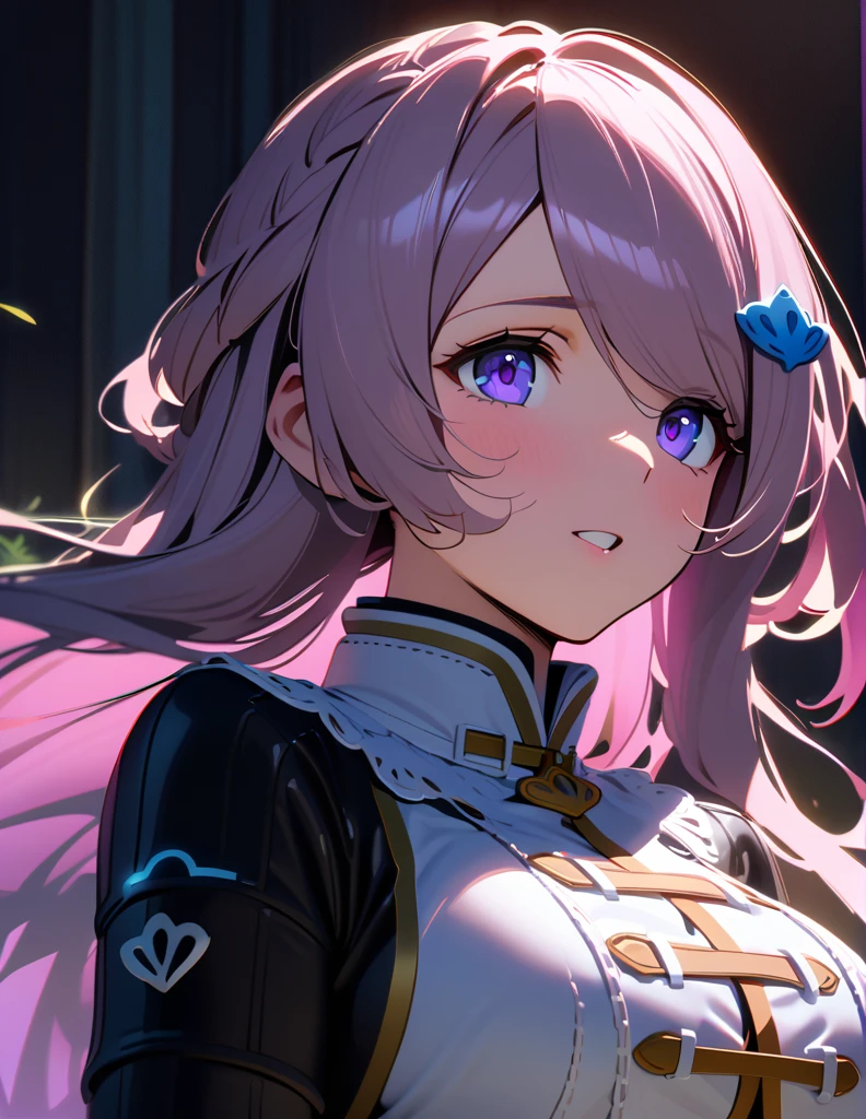 masterpiece, top quality, Super details, 8K, Detail lights, Detailed shadows, (real: 1.2),, 1 girl, wearing intricate clothes, purple eyes, moderate breast, narmaya, portrait 
