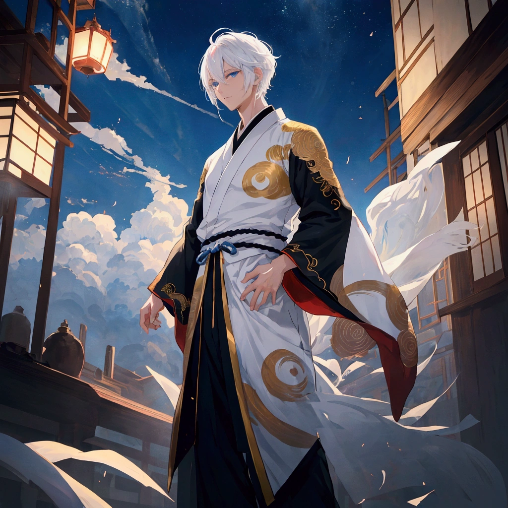 Japanese anime style illustration，Handsome young man standing on the damaged roof，white hair，Blue eyes。Wearing a black and gold long-sleeved kung fu suit，Gorgeous embroidery patterns，radiant and heroic，cloudy sky，low angle shot，panoramic，Exudes a cool breath。