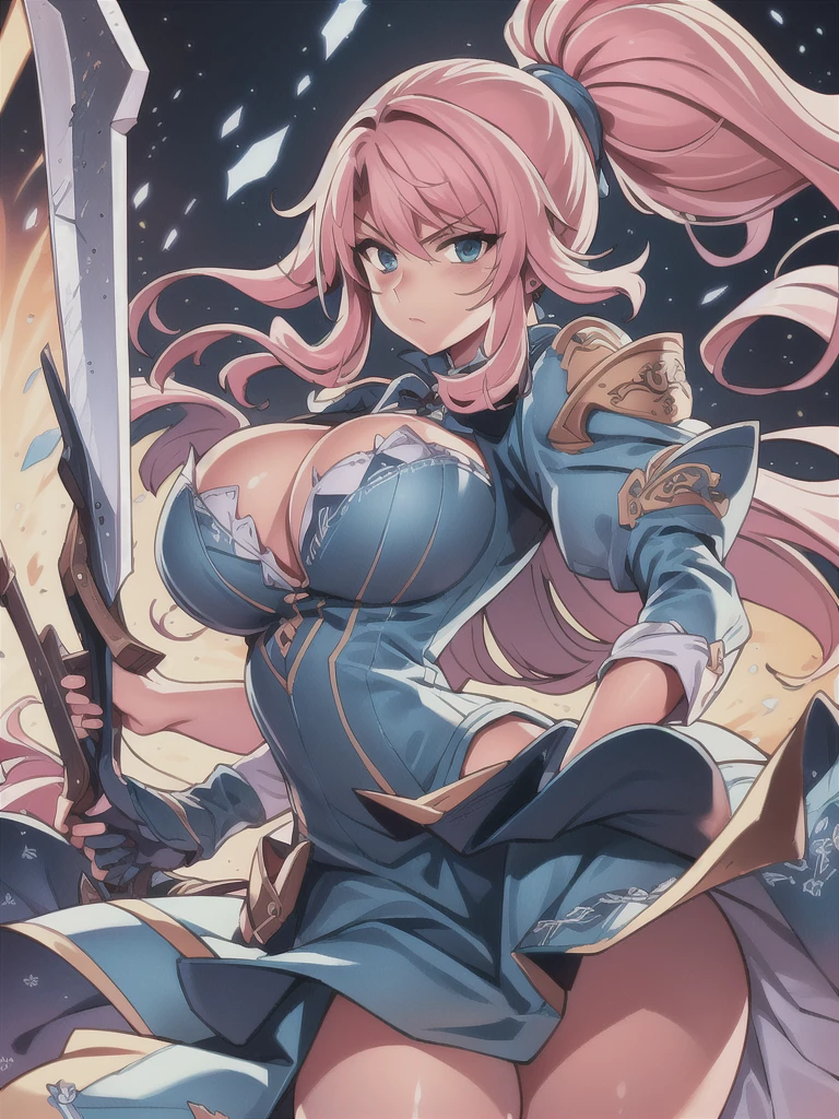 masterpiece,best quality,kim_kwang_hyun, 1girl , nonomi, pink Long hair, topknot, Bangs, hair between eyes, plumpy, solo, pink hair, shiny hair, large huge breasts, looking at viewer, blue eyes, pink hair, topknot, big boson, large huge breasts, long sleeves, dress, cleavage, closed mouth, weapon (( sword )), puffy sleeves, arm up, clothing cutout, copyright name, blue dress, cleavage cutout, juliet sleeves , power armor, shoulder armor, pink long hair, topknot, blue eyes, serious