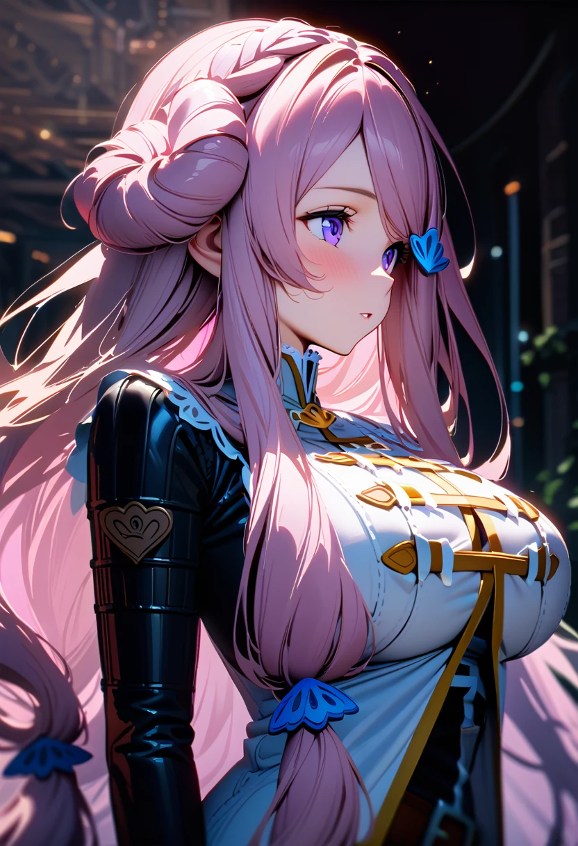 masterpiece, top quality, Super details, 8K, Detail lights, Detailed shadows, (real: 1.2),, 1 girl, wearing intricate clothes, purple eyes, moderate breast, narmaya, portrait 
