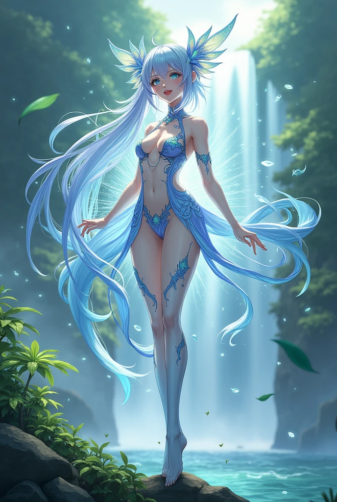 Full body portrait of a girl 20 years younger with cute fox ears. Perfect body, realistic perfect body composition, wet body in the rain, waterfall scene. Realistic beautiful blue eyes, cool face, fair skin, good looking, tattoo art, sexy liquid acrylic micro bikini, warm dreamy glow, volumetric glow, adventure style pulp, dynamic gradients, vivid colors, illustrations, highly detailed vector curves, simple, smooth and clean, vector art, smooth, vibrant, kiss High image quality, meticulous detail, flawless realistic work. Super realistic octane rendering, perfect layout, professional quality, high resolution, perfectly detailed background.