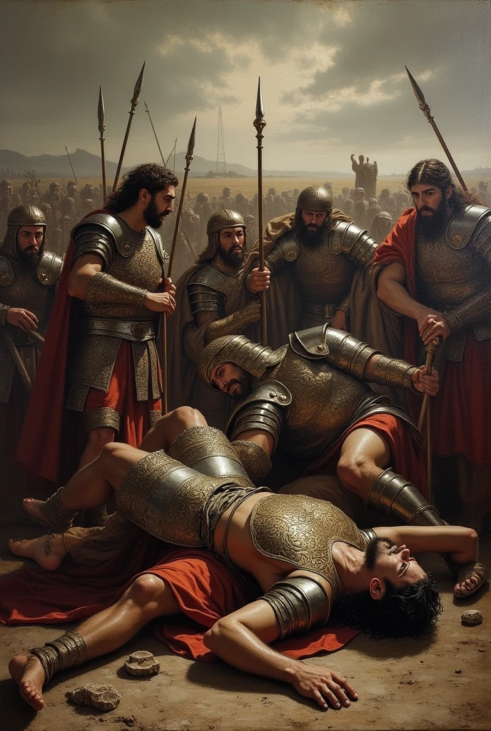 Master Piece, best quality, (extremely detailed CG unity 8k wallpaper), (best quality) 8k detail. A pyramid pile of 300 unconscious male barbarian soldiers defeated in battle. The 300 unconscious barbarian soldiers are piled up on top of each other, one by one. They are clad in armor and helmets. spikes stick out of the pile of bodies. spears with small pennant flags stick out of the pile of bodies. swords, helmets, arms, legs and heads stick out of the pile randomly. The pile is 30 feet high. NO man is naked. The pile is not uniformly even, the bodies are placed in random poses.