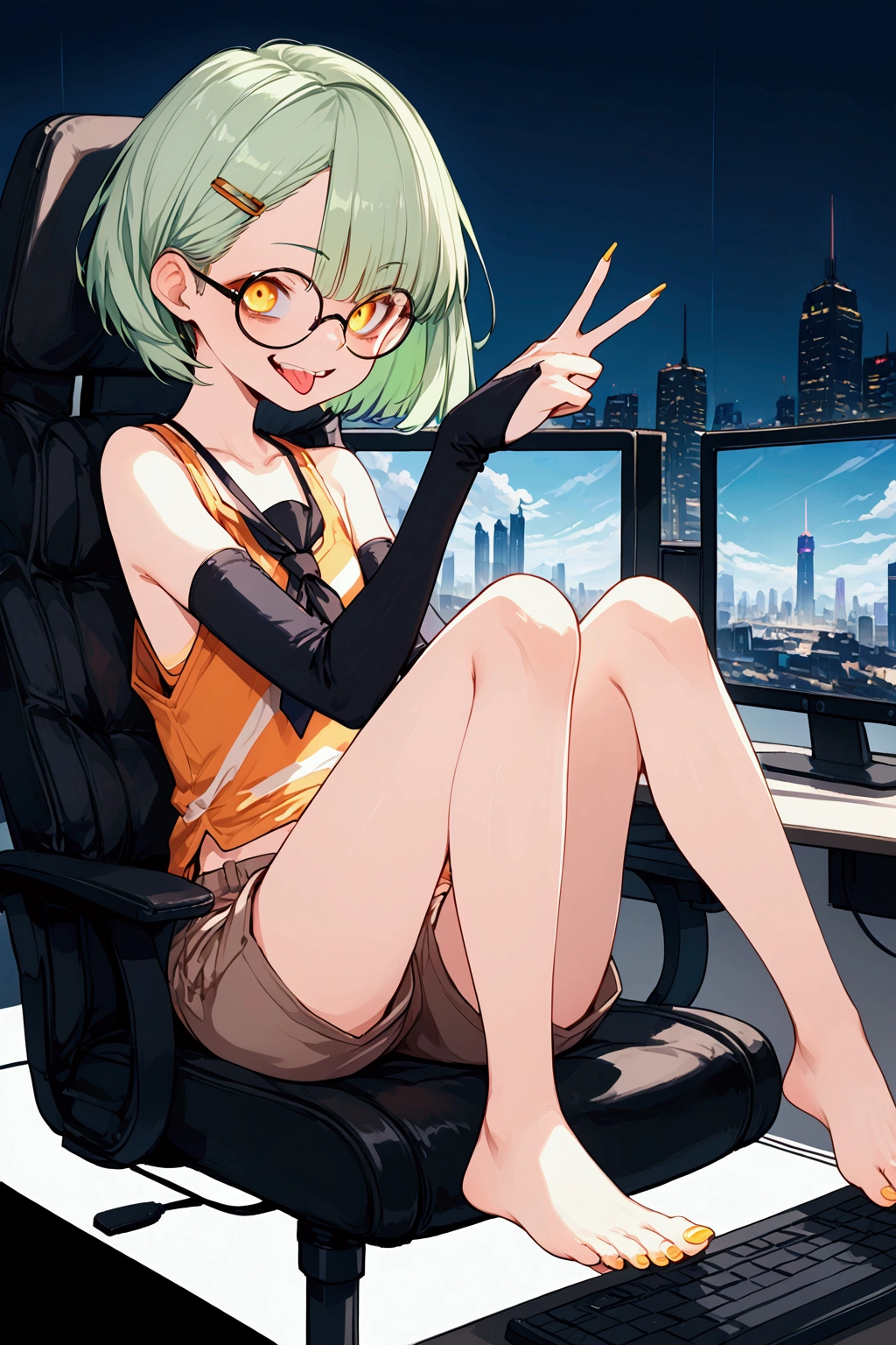 (((pov))), Photo of a malay female with small breasts (((sitting on office chair))) & (((having sex))) inside (office), 20yo,petite, skinny, slender body, short body, ((((dark skin)))), dimples, light, detailed face, seductive face, ((looking horny)),((very happy)), (smile), ((looking to viewer)),((arms behind head)),(((spreading legs))), (((open legs))), Perfect breasts, tiny breasts, flat breast, flat chest, natural breasts, A cup, (((hijab))), (((glasses))),(((earphone))),(((sport bra))),(((no panties, no underwear)))