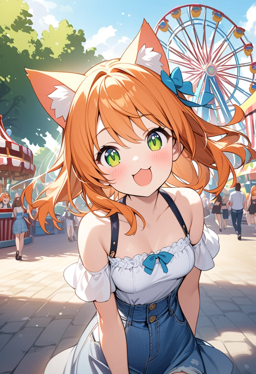 Young girl、Very cute、small、Firm breasts、Denim skirt、Orange Hair、High quality backgrounds、amusement park、Cheerful attitude、Cat ears、Cat&#39;s tail、An innocent smile、Chubby old man、Patting her head