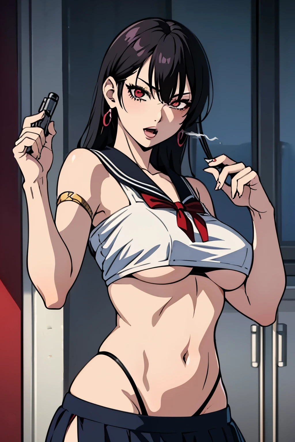 1girl, Dakeda Kaneshiro, tattoo, black hair, masterpiece anime character with long hair and red flowers, inspired by Kusumi Morikage, female anime character, , as a character in tekken, beautiful anime woman, the piercing stare of yuki onna, manhwa, yakuza girl,  earrings, jewelry, long hair, blush, lipstick, Hot girl, baddie, staring, glaring, bad attitude, mean girl, dare, angry, hate, crazy, smoking, sensual, attractive, masterpiece, best quality, highly detailed, a anime girls in sailor uniforms with a gun posing for a picture,
evil smile, smile, open mouth,black_serafuku, ecchi anime style, anime girls , (nsfw) not safe for work,
ecchi style, ecchi, shipgirls, digital anime art!!, high school girls, holding a gun, hold a gun, anime style 4
k, micro skirt, exposed belly, exposed navel, exposed midriff, holding pistol,underboob,
exposed lower belly,school, classroom, 