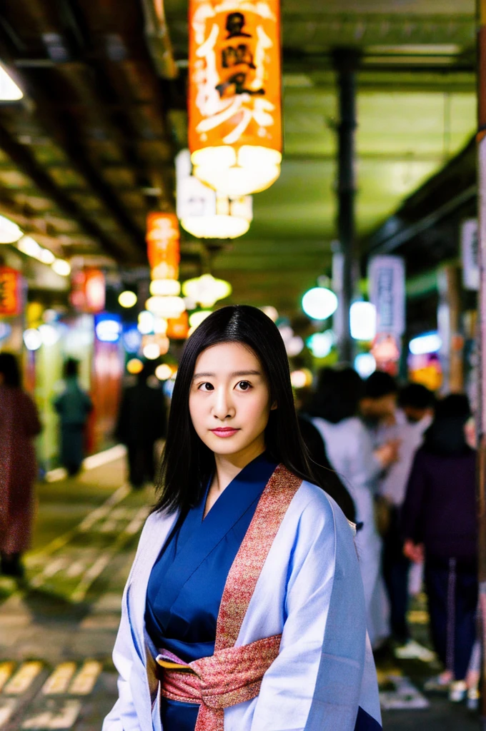 A stunning intricate full color portrait of  a pale japanese woman,wearing a yukata,epic character composition,by ilya kuvshinov, alessio albi, crowded street in (Akihabara) ,sharp focus, night, having fun, subsurface scattering, f2, 35mm, film grain 