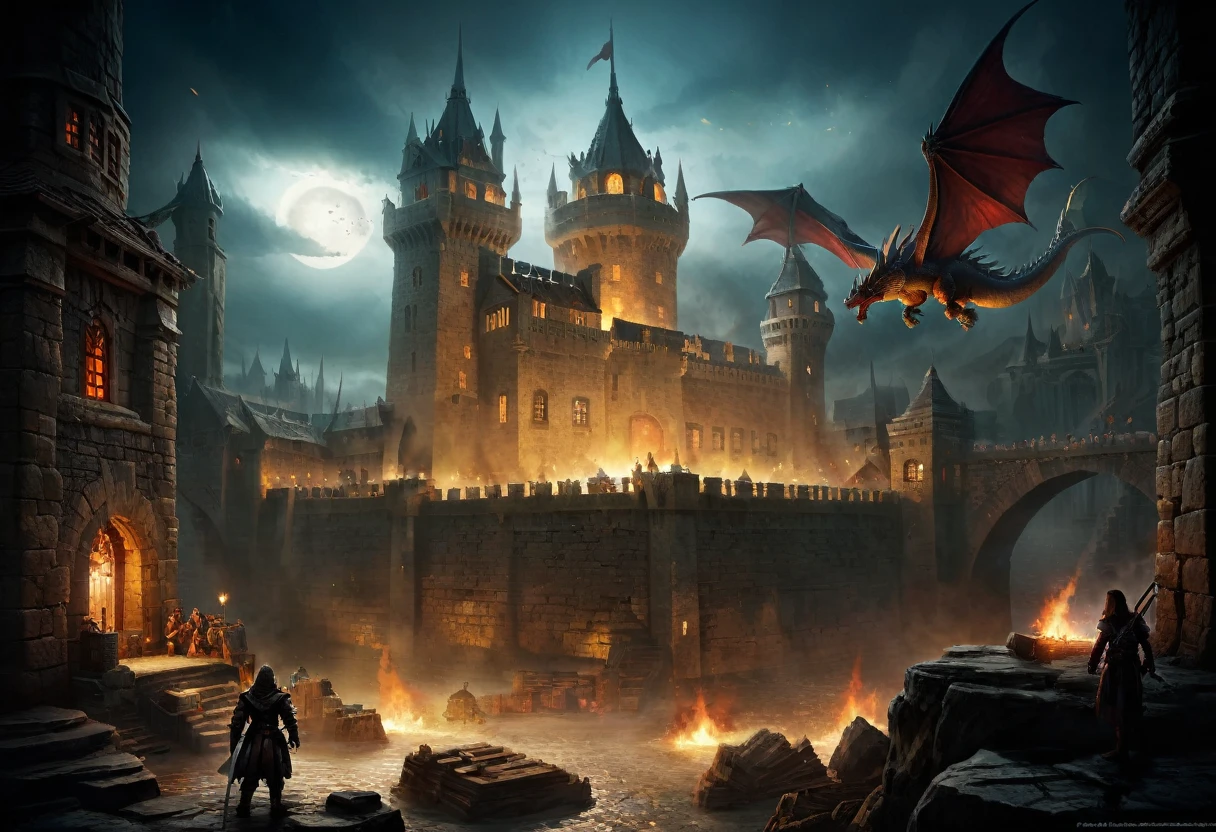 Real story based on the game "dungeons & dragons", epic fortress, tower, dragon and heroes, epic battle, magical artifacts, magic sword, Real photography, cinematic frame, Action scene, digitally manipulated frames, computer graphic effects, Digital art, masterpiece, Real, actual, existing somewhere in another world