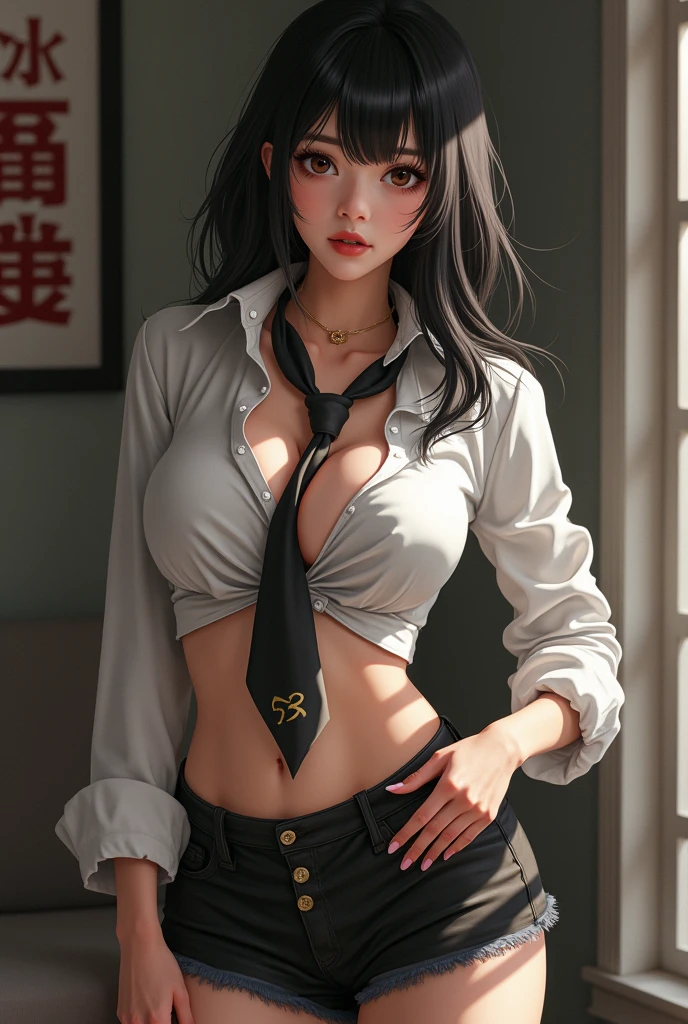 Masterpiece, High Quality, Photorealistic, Nsfw, ((8K Wallpaper, High Resolution)), Perfect Anatomy, Cinematic lighting, Physically-based rendering, Award-winning, Highly-detailed skin, Extra detailed face, Eyes with beautiful details, Extraordinary camera angle, (1 young woman:1.8), Long, straight black hair, Mischievous grin, Slightly flushed cheeks, Playful, lewd state of mind, White, fitted blouse with lace details, Top buttons undone, Sleeves rolled up, Relaxed and inviting atmosphere, Warm, stylish room decor, Creative trinkets, Photography books