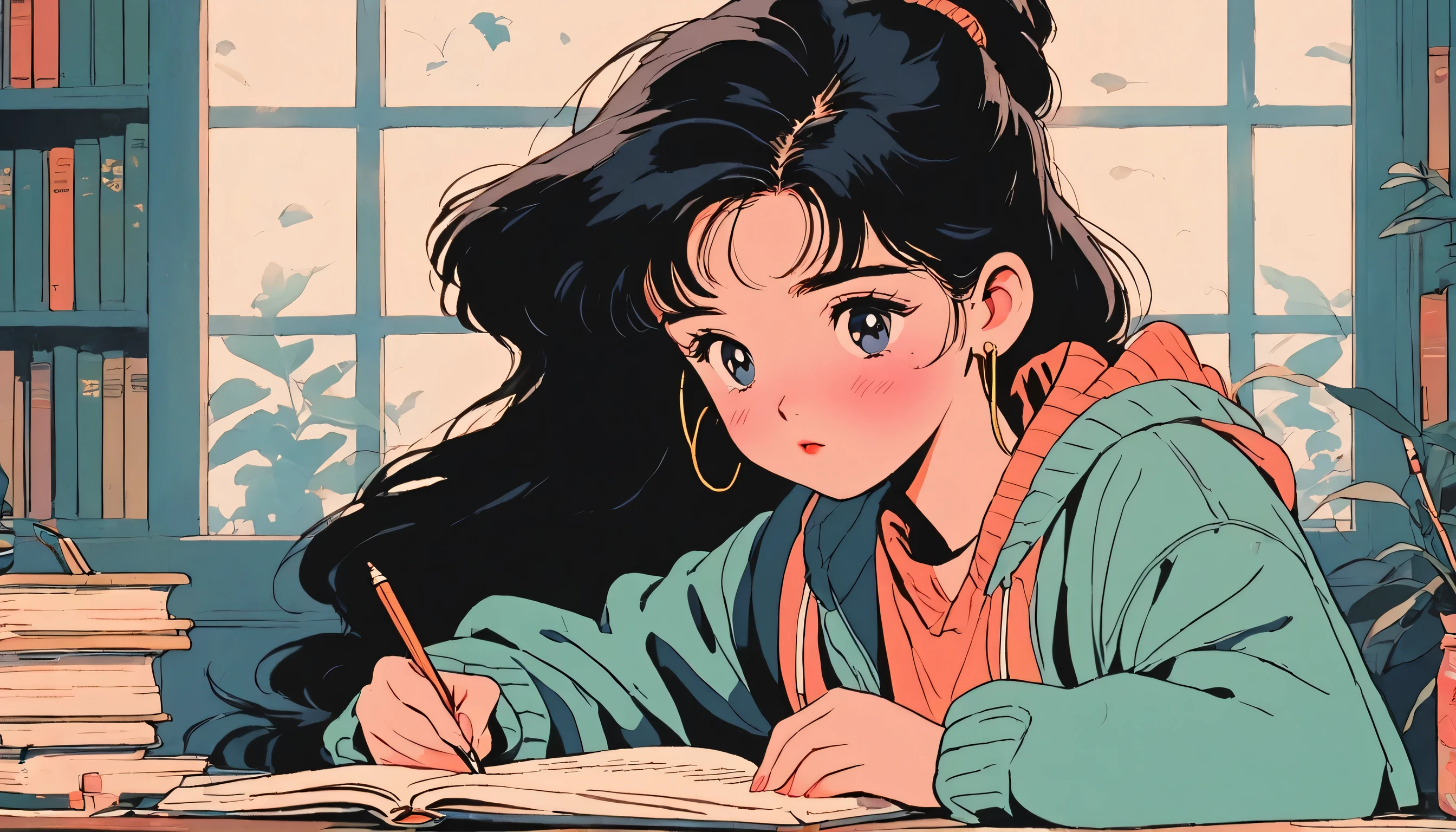 90's anime style, 1990s style, clear, 1980s style, (blush:1.7), the highest quality, 8k, close up, lofi girl, lofi art, lofi feeling, A girl studying on the desk, very big eyes, a black ponytail hair, cute, taking a note, her eyes on the book, background with a cozy lighting and a big window, night, wearing a hoodie, 1 girl, Only, solo