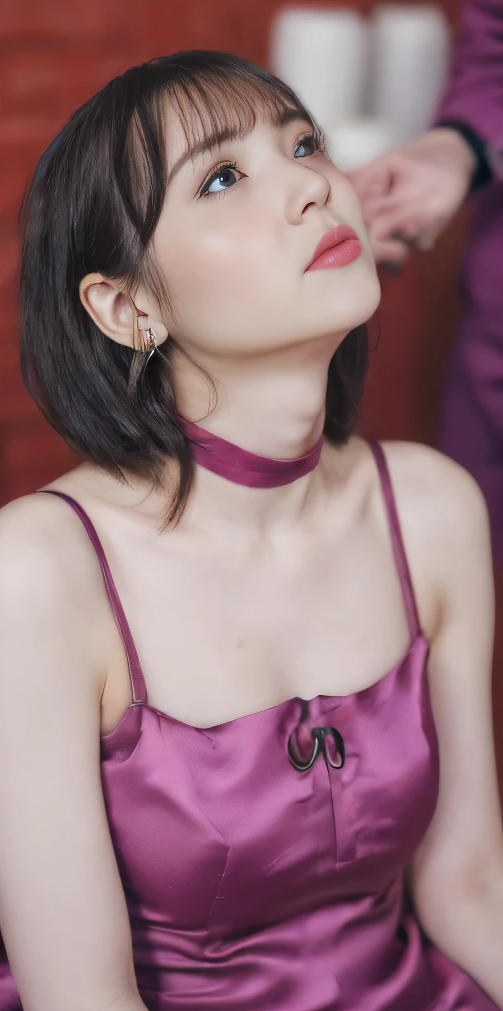 (8k, Original photo, Highest quality, masterpiece:1.2,),(((Detailed Background:1.2))),(((Slightly open the mouth))),Ultra-high resolution, (8k, Original photo, Highest quality, masterpiece),Ultra-high resolution,Highly detailed CG synthesis 8k wallpaper,Perfect Anatomy, bangs,(Shiny medium long hair:1.7、Beautiful brown hair),choker,(Hollow Eyes:1.4),Thin eyebrows,Beautiful Face,Clear skin,Erotic,(Big Breasts:1.5),Small Nose,Expressionless like a doll,(Luxury love hotel room:1.8,Adult atmosphere,Love bed,On the bed:1.6-way,Night time:1.2) ,Showing cleavage,(Cinema Lighting),(((Sexy magenta silk mini dress:1.3)),brainwashing, ((Expressionless,Emotional erasure,A helpless face,Hypnotic state,Blank look,Emotionless)),(Full Body Shot:1.9、Full Body Shot)、(Facing forward:2.4)、Lying down, Wide-open legs, Elevate your legs, Kneel, Sitting on knees, Spread your thighs, Hands tied behind your back, Sexy pose, Kneel, eye contact with the man above her, man standing over her, (Looking up at the man in front:1.6),