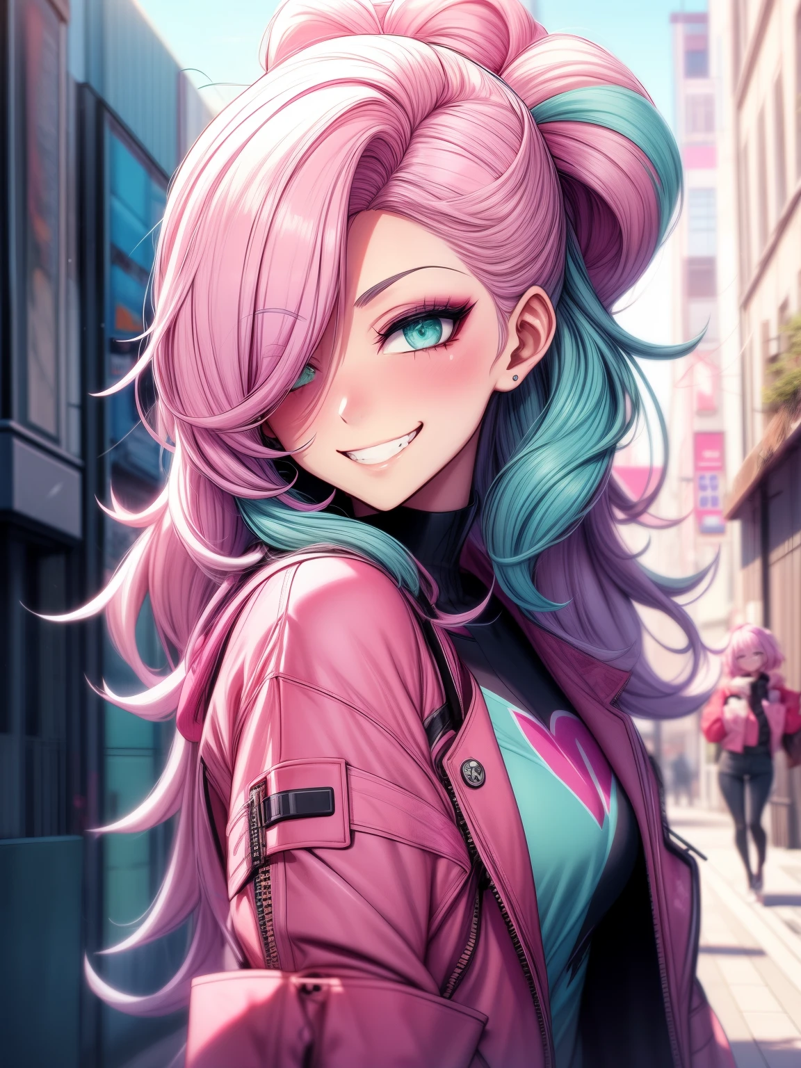 1girl, pastel_glam, grin, pink hair, outdoors