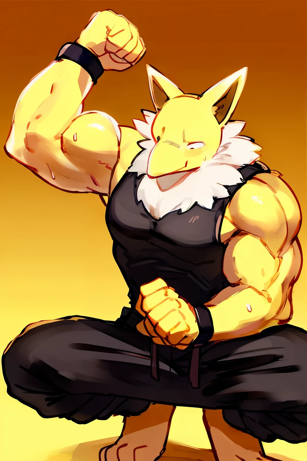 Furry, Anthro, solo, Hypno, Male, (((muscular body, massive male pectorals, yellow skin, wearing white fluffy fur around neck))), ((((massive biceps, wide-eyed, head tilted, sweating, glossy, flexing arms up, crouching)))), ((((((massive bulky torso, facing viewer, wearing black tanktop, black wristbands, wearing black sweatpants)))))), upper body, black/yellow spraypainted background, by buta99, by zackary911, by bebebebebe, (((digital painting)))