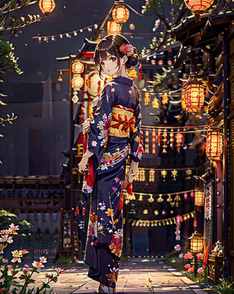 masterpiece, Best Quality, Very detailed, shape, omatsuri, food stand, 1 girl, beautiful eyes, Looking at the audience, From behind, Cowboy Shot, Looking Back, ((Summer-inspired yukata)), wood, Outdoor,road, walk,  crowd, night, lanthanum, Festival, food, Paved, Crossing road, paper lanthanum, lamp post, Brown Hair, night sky,