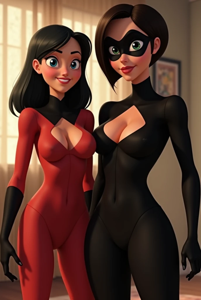 [Core Concept] An intimate, sensual scene featuring Aunt Cass from Big Hero 6 and Helen Parr (also known as Elastigirl) from The Incredibles, both wearing revealing sheer lingerie. [Character Description] Aunt Cass and Helen Parr are depicted in a state of undress, their curvaceous figures accentuated by the sheer, delicate fabric of their lingerie. Their faces express a coy, flirtatious demeanor as they gently caress and fondle each other's breasts and buttocks. [Environment/Background] The scene takes place in a private, dimly lit setting, with the focus solely on the two women and their intimate encounter. [Style and Atmosphere] The overall atmosphere is one of sensuality and eroticism, with a sultry, dreamlike quality to the imagery. [Composition] The composition places the viewer in a voyeuristic position, as if witnessing a private moment between the two women. [Details and Embellishments] The sheer, revealing nature of the lingerie highlights the women's curves and creates a sense of vulnerability and desire, while their flirtatious expressions and touches evoke a playful, seductive mood. [Technical Specifications] The image is rendered with a high level of detail and realism, capturing the tactile quality of the fabrics and the sensual interplay between the two characters.
