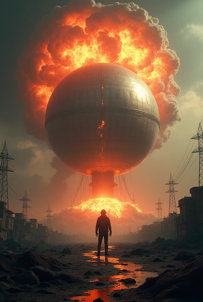 1 man standing, In the smoke of the beacon of the Great War，Wander alone among the ruins。Wide angle of view，Looking at the barren land，Immerse yourself in desperate and raging radiation。This is an apocalyptic world，There is endless desolation and cruelty。