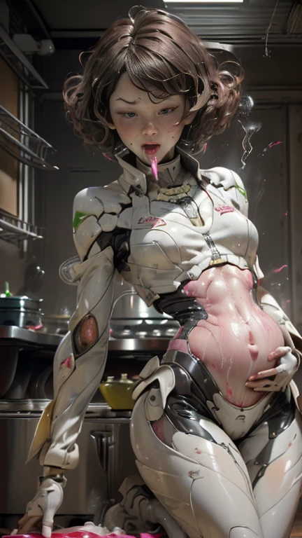 highres, highest quallity, illustration, ultra detailed, cinematic lighting, best quality, hyper detailed, masterpiece,1 spider-gwen girl, blond shaved sides hair, blue eyes, smile, solo, spider-gwen suit, spider gwen mask, hood, medium breasts, light rays, (colorful), (standing:1.2), pink tones, spider gwen, her suit her skin, (nsfw:2.0), white skin, spider gwen mask, on bed , can see between legs , M legs, She was wearing a pink lace bra. The pink lace panties were between her legs and white mucus was stretching out, The bra was under her breasts, the nipples were pink and dripping with milk, also wearing torn spider gwen suit,, stick out tongue, drool, blushing, Emma Stone face, Do doggy style, turning your butt towards the camera.