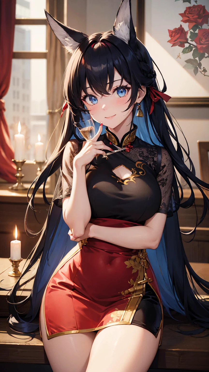 masterpiece, Best quality, 1 girl, One, Blaze (Arknights), Restaurant, Intimate atmosphere, Dim lighting, candles, roses, Looking at the viewer, medium chest, (long hair, black hair, animal ears, blue eyes, red hair ribbon), (black, red, gold qipao), blushing, beautiful smile, very detailed skin, (detailed face), expressive eyes, beautiful hands, red nails, holding a glass of champagne