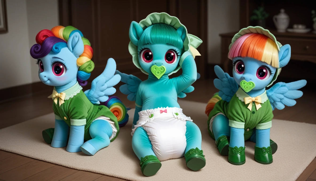 blue pony pegasus alone, blue wool, adult filly, rainbow mane, gathered in a green bonnet, rainbow tail, cherry eyes, sits in the room on a soft play mat, dressed in a green bodysuit with holes for wings and green booties, green pacifier in mouth, solo, thick diaper under clothes. 