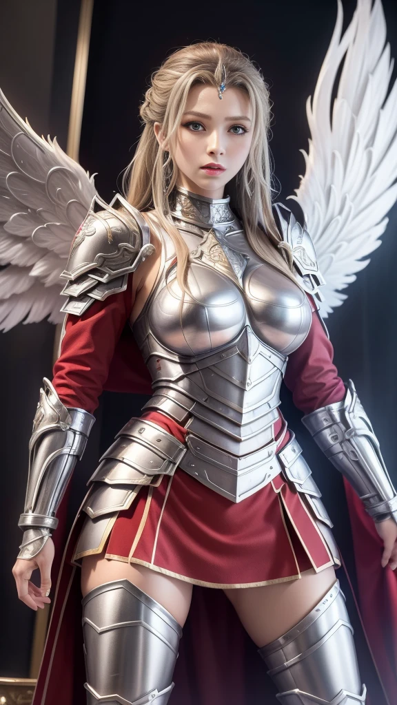 The girl wears silver armor，A pair of wings，（huge tit，Oversized ，Exaggerated breasts），Long legs，Complex structures，extreme hight detail，8K quality，SENSE OF CINEMA