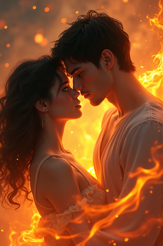 HDR photo, (upper body shot , birdâs eye view) of a couple,   (fire elemental), surrounded by embers and ash, embracing, detailed face, located in a romantic scene at a beautiful fountain during twilight with misty weather, illuminated by warm glow, creating a loving atmosphere, ,Masterpiece,best quality, photo, realistic, very aesthetic