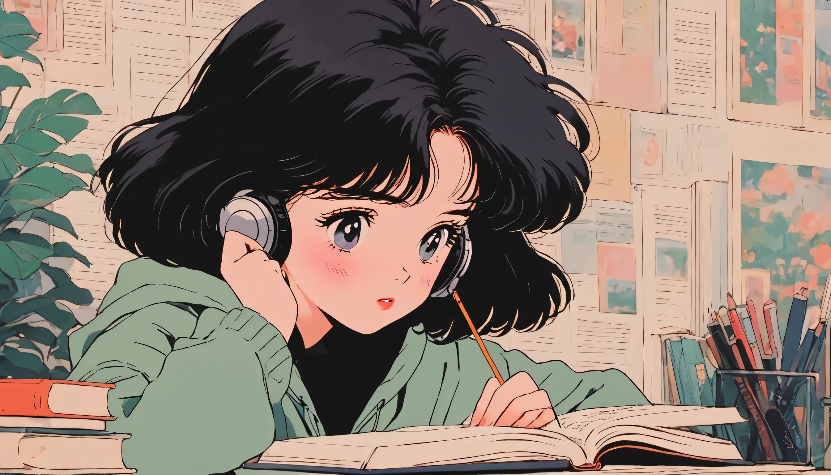 90's anime style, 1990s style, clear, 1980s style, (blush:1.7), the highest quality, 8k, close up, lofi girl, lofi art, lofi feeling, A girl studying on the desk, wearing wireless headphones, very big eyes, a black short hair, cute, taking a note, her eyes on the book, bedroom background, wearing a hoodie, 1 girl, Only, look down at a book