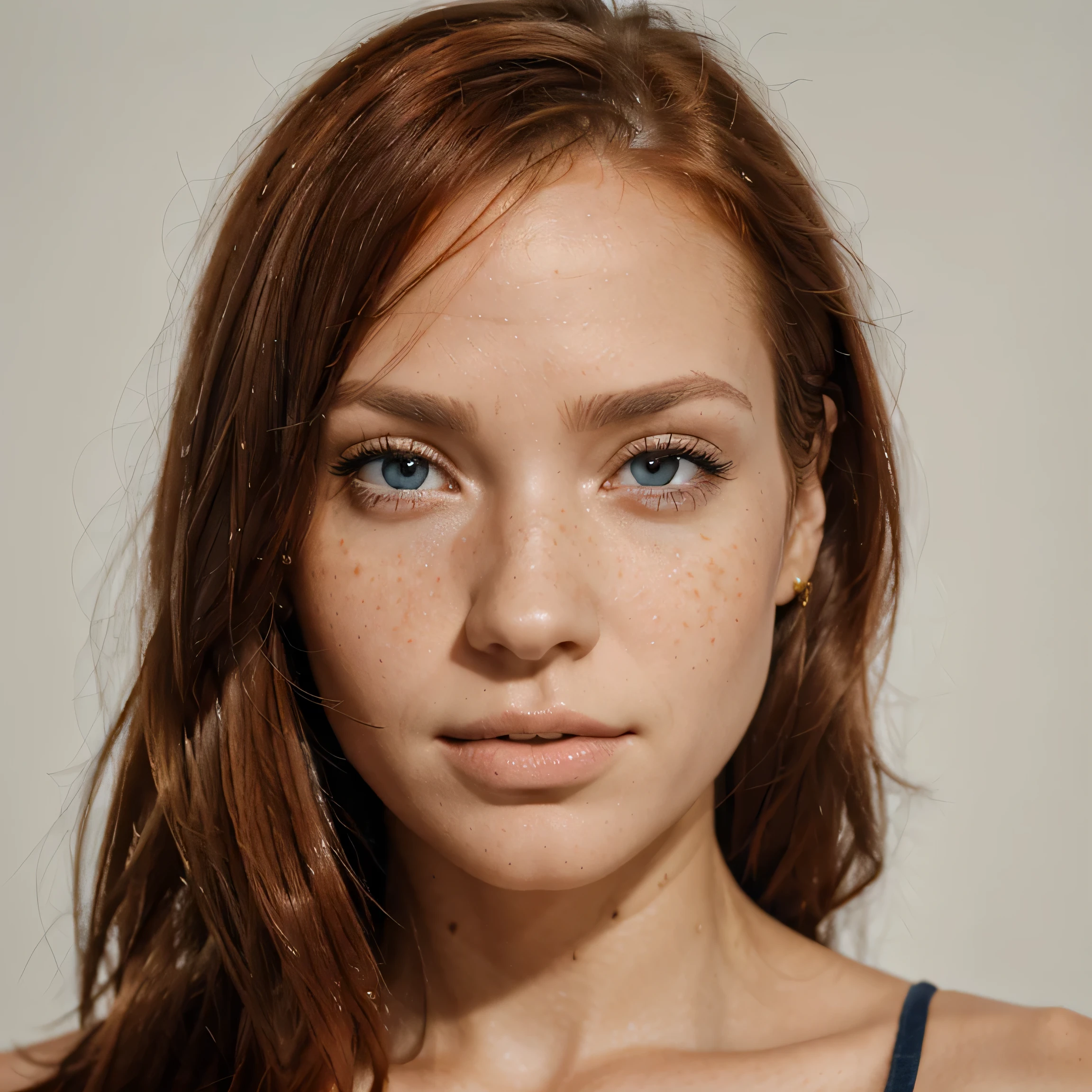 italian girl, 22 years old, ((light redhead hair)), long wavy hair, ((big light blue eyes)), ((naked)), (busty), supermodel face, very realistic, (focus on face and neckline), (frightened face), (((smudged eyes mascara from crying)))