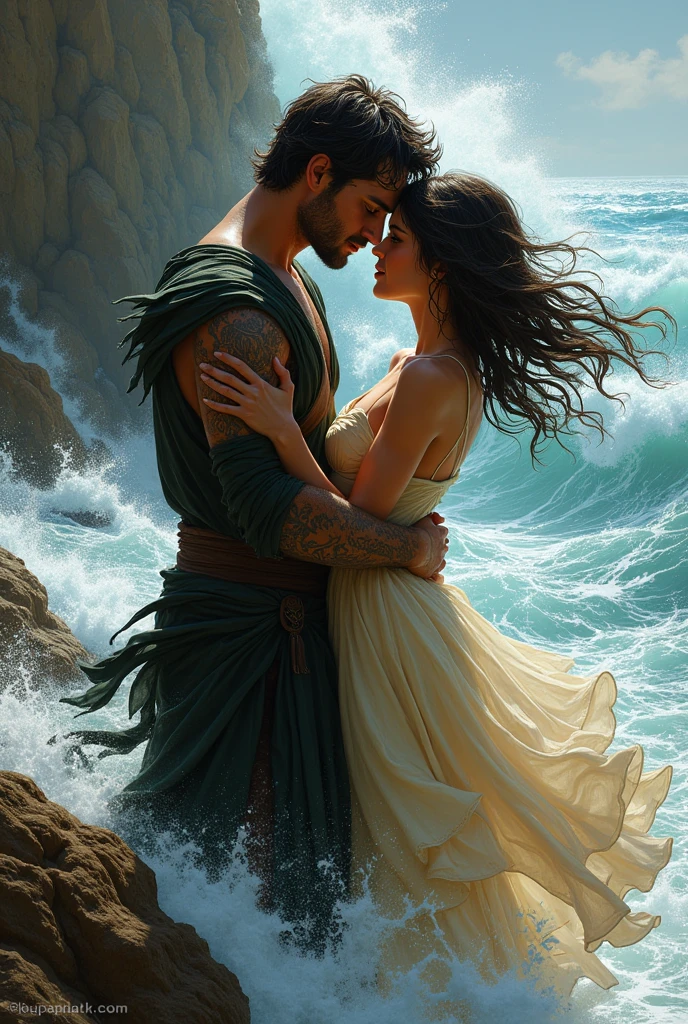 Happy lovers、The era of the ancient Cretan civilization、1 male, 1 female、Couple of Cretan prince and mainland Greek girl、nestle、embracing each other、Seaside Palace、fullmoon、Moonlight illuminates the surface of the sea、Mysterious、romantic、Romance of ancient civilizations、masterpiece、top-quality、High resolution、Detailed and subtle、