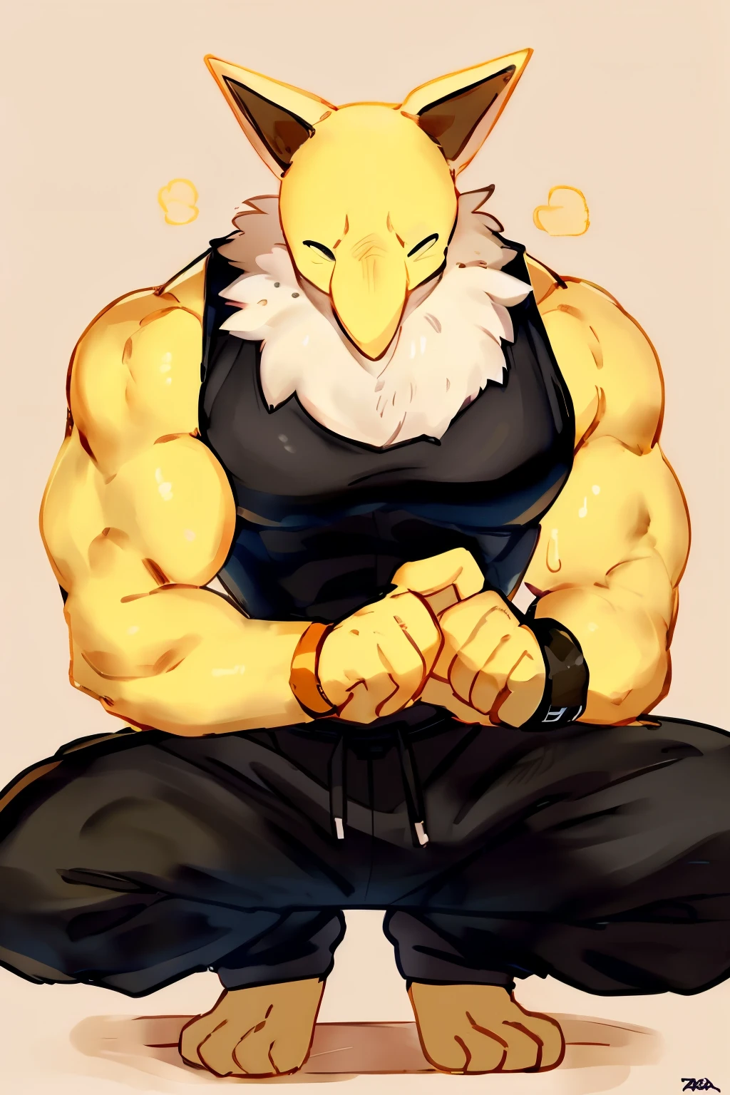 Furry, Anthro, solo, Hypno, Male, (((muscular body, massive male pectorals, yellow skin, wearing white fluffy fur around neck))), ((((massive biceps, wide-eyed, head tilted, sweating, glossy, crouching)))), ((((((massive bulky torso, facing viewer, wearing black tanktop, black wristbands, wearing black sweatpants)))))), upper body, black/yellow spraypainted background, by buta99, by zackary911, by bebebebebe, (((digital painting)))