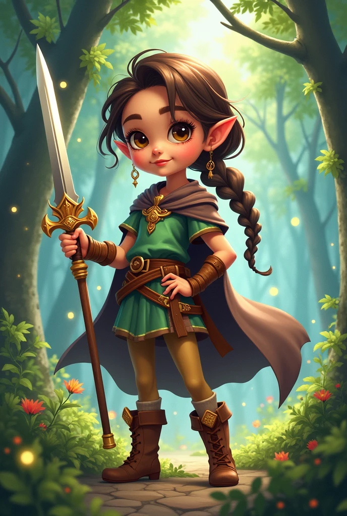 Create a detailed and vibrant illustration of a cute young girl wielding a sword.She should have an adventurous expression, showcasing a blend of bravery and innocence.Her outfit should reflect a fantastical theme, incorporating elements like a colorful tunic, a flowing cape, and sturdy yet whimsical boots.The sword should be ornate, with a gleaming blade and intricate hilt design, signifying her status as a young warrior.The background should depict a magical forest, filled with lush greenery, sparkling light, and hints of mythical creatures peeking through the foliage.Pay attention to the girl's features, making her appear youthful and charming, with expressive eyes that convey determination.