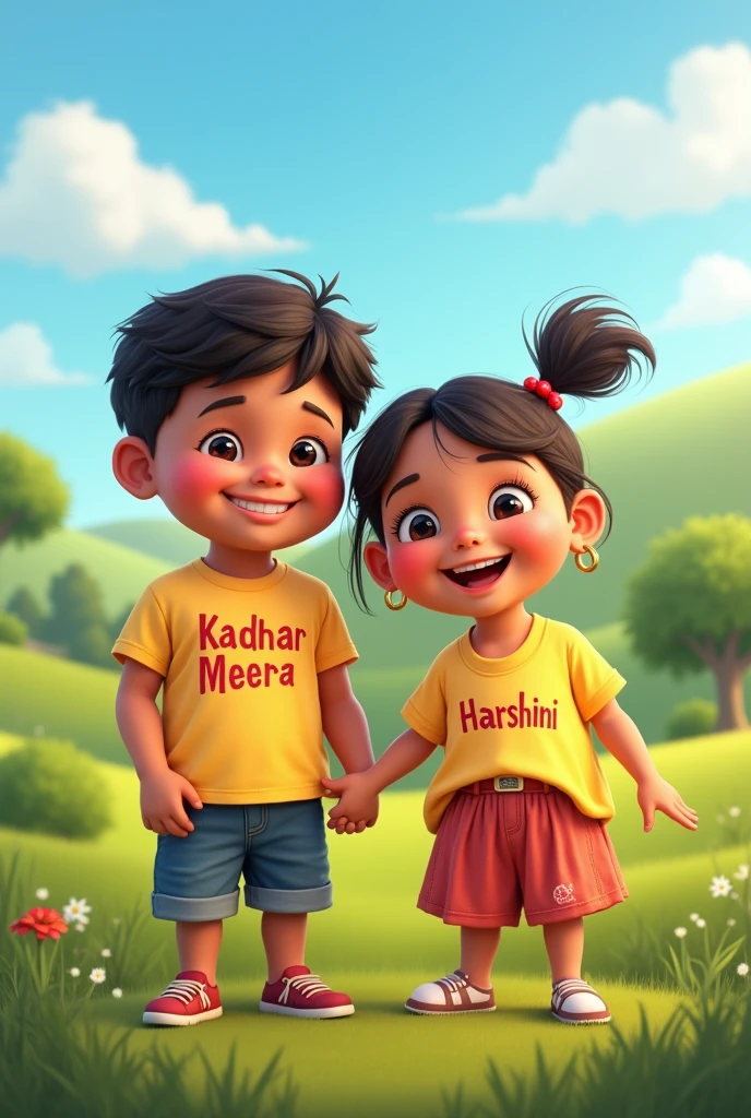 A boy wear a tshirt with name ujjwal stand with a girl wear a tshirt name anshika