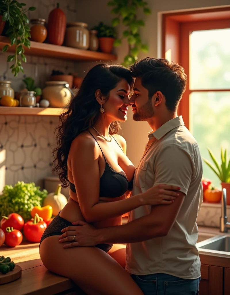 create an image where Camila Cabello is in a kitchen, wearing a black tank top and pink shorts, brown hair tied in a bun, the soft light in a cold tone, there are plants on the countertops as decoration. Jeon Jungkook is shirtless and wearing jeans, standing behind her. She's tiptoeing, stretching her body to reach a bag of popcorn on the highest shelf of the cabinet while he is behind her and also stretches his arm to grab the bag SHE HAS HER BACK TO HIM