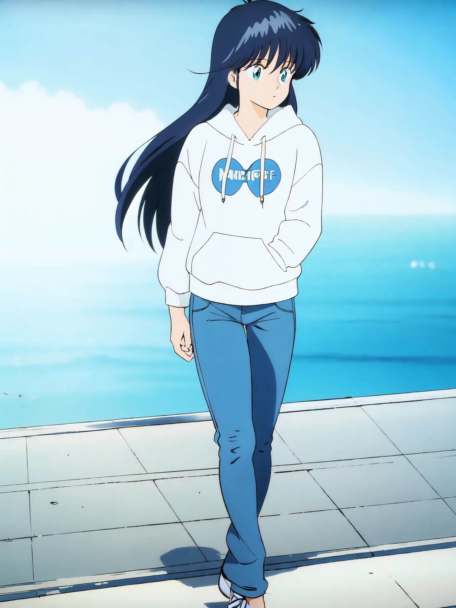 (((masterpiece))),16k,best quality, illustration,madokaayukawa,1girl, long hair, blue hair ,aqua eyes, white hoodie, blue denim jeans, long pants to ankles, tennis shoes, daytime, walking pose