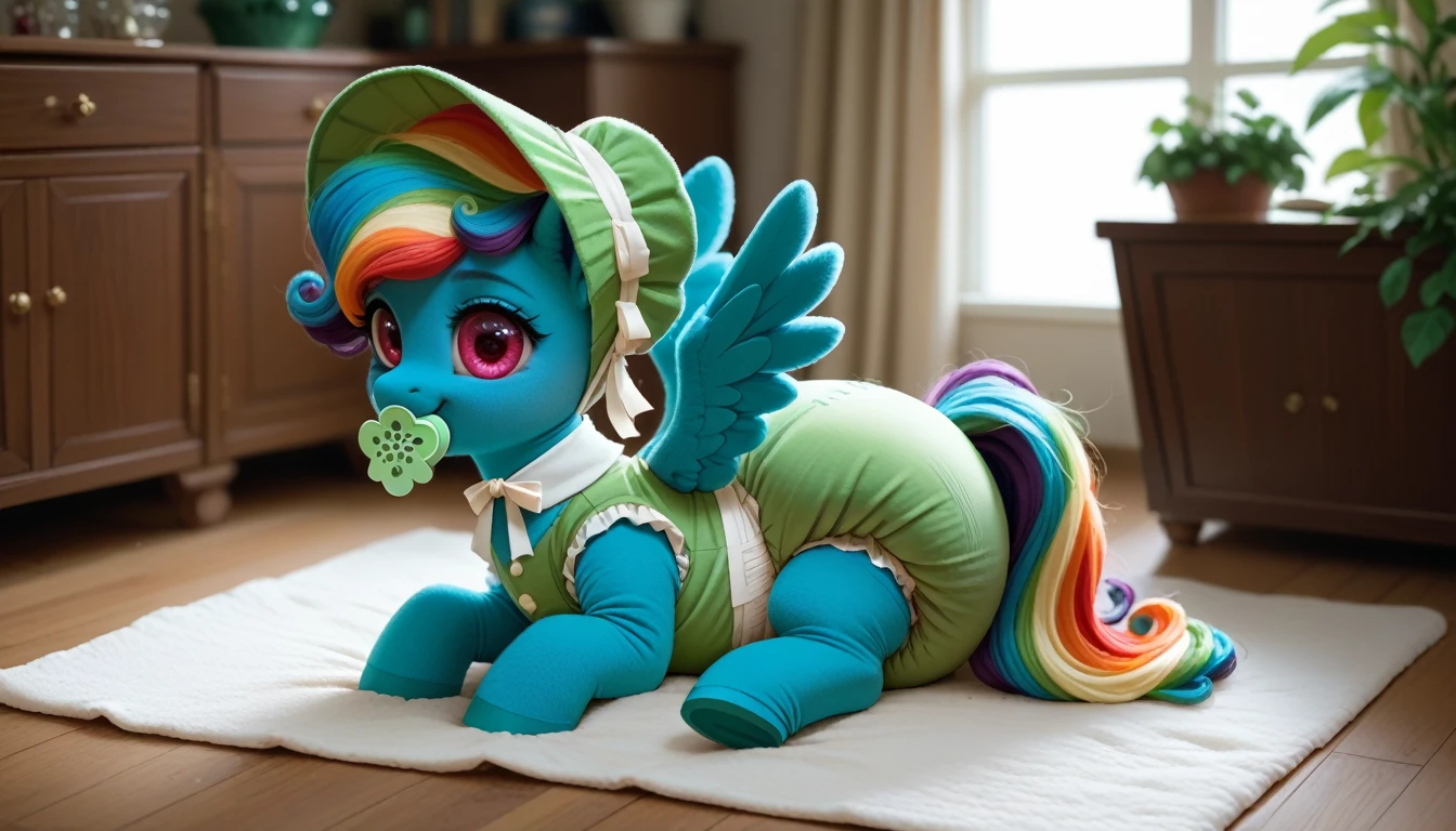 pony, Pegasus, adult filly, emerald green fur, a lush mane, gathered in a light pink bonnet, bushy tail, sitting in the room on a soft play mat, dressed in a pink bodysuit and pink booties, pink pacifier in mouth, solo, thick light pink diaper under clothes, bulge on the back of the diaper, between the hind hooves and on the front of the diaper, saggy diaper.