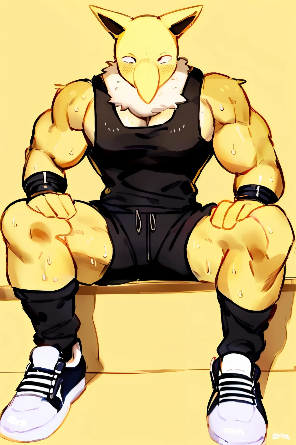 Furry, Anthro, solo, Hypno, Male, (((muscular body, massive male pectorals, yellow skin, wearing white fluffy fur around neck))), ((((massive biceps, wide-eyed, head tilted, sweating, glossy, sitting)))), ((((((massive bulky torso, facing viewer, wearing black tanktop, black wristbands, wearing black sweatpants, wearing white sneakers)))))), upper body, black/yellow spraypainted background, by buta99, by zackary911, by bebebebebe, (((digital painting)))