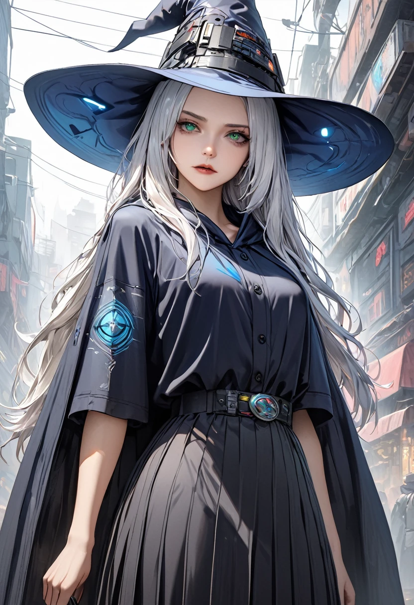 1woman, tall, best quality, ultra-detailed, extremely detailed CG, perfect anatomy, detailed, ((black robe)), ((long skirt)), {blue cloak}, very long white hair, green eyes, Witch Hat, cyberpunk, neon