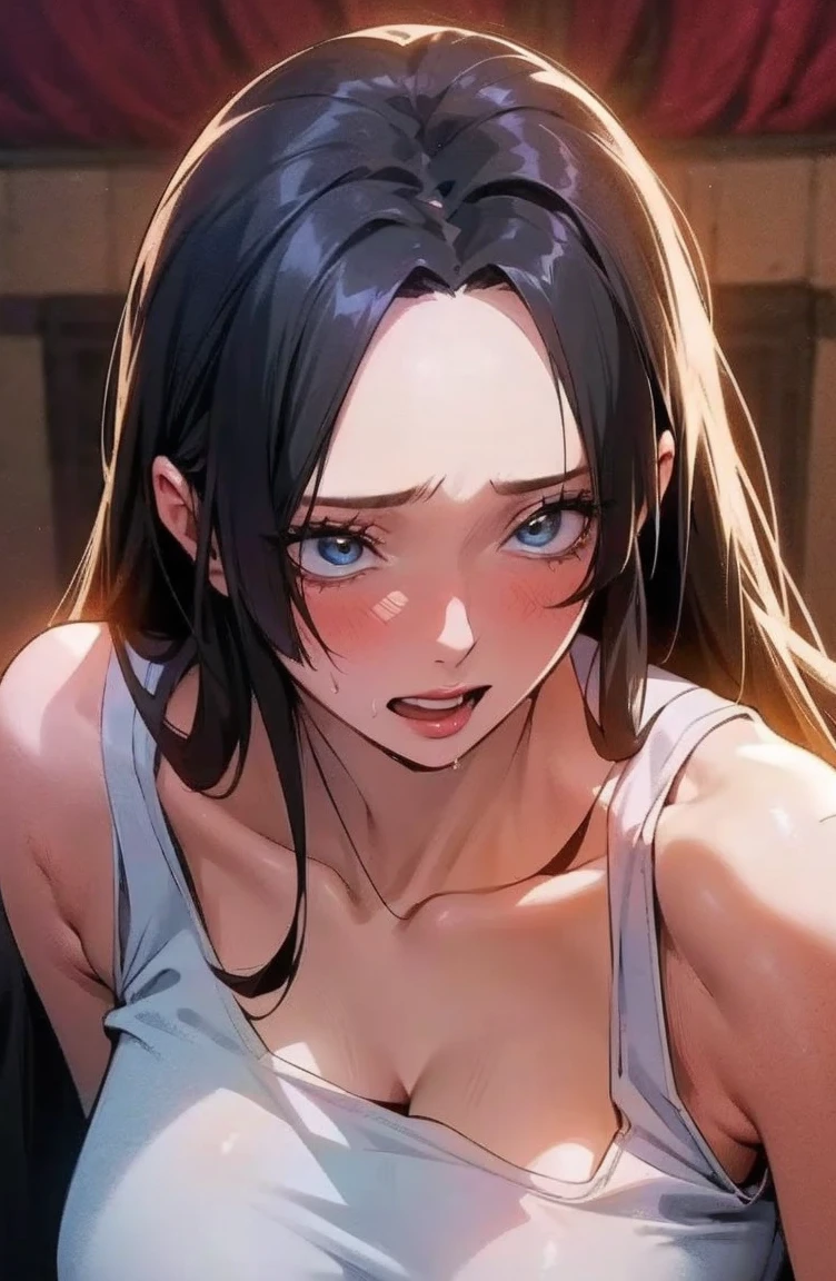 best quality, masterpiece, highly detailed,1girl, Boa Hancock, , (masterpiece:1.5), Detailed Photo, Smiling, Sexy, (8K, Best Quality: 1.4), (1girl), Beautiful Face, (anime realistic Face), (Black Hair, long Hair: 1.3), Beautiful Hairstyle, Realistic eyes, beautiful detail eyes, (white skin), beautiful skin, absurd, attractive, ultra high resolution, ultra realistic, high definition, golden ratio, (sexually aroused:1.5), Pinkish white skin, cool white light, sexy pose, Beautiful , white background, pink soft white light, Wear a white tank top