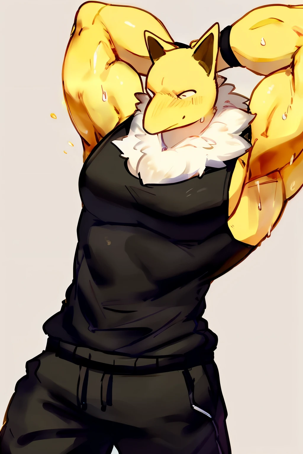 Furry, Anthro, solo, Hypno, Male, (((muscular body, massive male pectorals, yellow skin, wearing white fluffy fur around neck))), ((((massive biceps, wide-eyed, head tilted, sweating, glossy, hands behind head)))), ((((((massive bulky torso, facing viewer, wearing black tanktop, black wristbands, wearing black sweatpants)))))), upper body, black/yellow spraypainted background, by buta99, by zackary911, by bebebebebe, (((digital painting)))