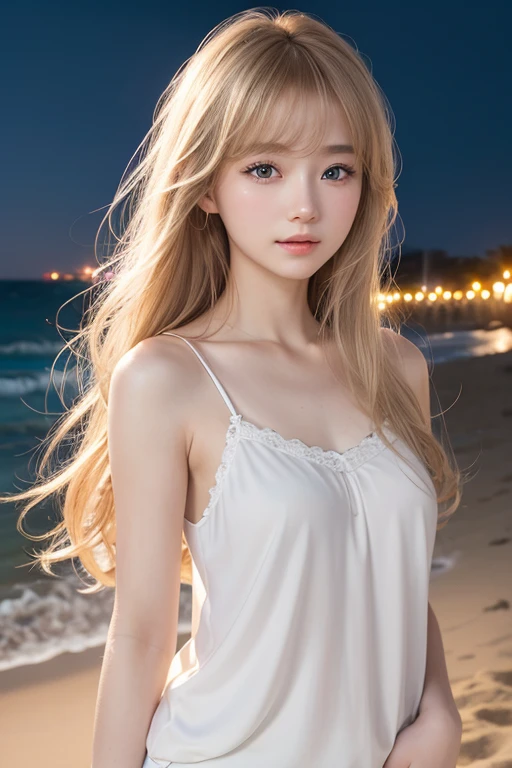 ((No makeup:1.2))、(realistic、Photoreal、super detailed、best detailed skins、highest quality、masterpiece、超A high resolution)、cute russian woman、14 years、high school girl、young girl、1 girl、have bangs、ash blonde:1.7、double eyelid、drooling eyes、Japanese style face、purity、realistic肌タイプ、fluffy hair、red cheeks、The wind is blowing、night、illumination、lighting from behind、((medium hair、beach、white camisole、french twist hair))