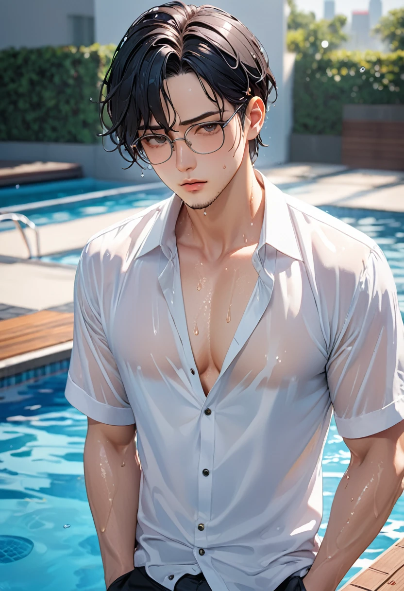 absurdres, highres, ultra detailed, HDR, master piece, best quality, extremely detailed, detailed eyes, detailed face, Eiden, brown hair, expressive brown eyes, Nu Carnival, solo, sexy man sitting, handsome, horny, lewd, wet, light-blue transparent rain coat, transparent white shirt, nipples, transparent blue jeans, spring, flowers, green leaves, magical forest, dark fantasy, rain, night