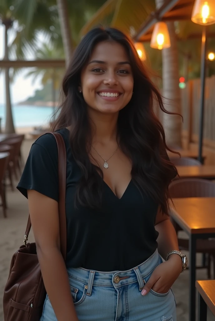 palestinian college student, dark brown skin, black sundress, petite , perfect face, nighttime, busy cafe, wavy voluminous hair layered, close up, medium-breast, laughing