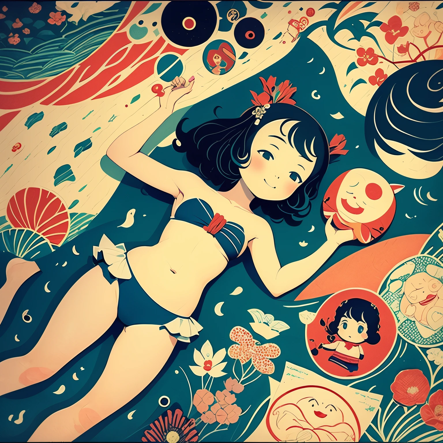 2 girl, tiny body, round face, little fat, smile, very cute, happy, frills, bikini swimwear, water play, Wassily Kandinsky: abstract style, George Barbier: Art-Déco style, Katsushika Hokusai: ukiyo-e style