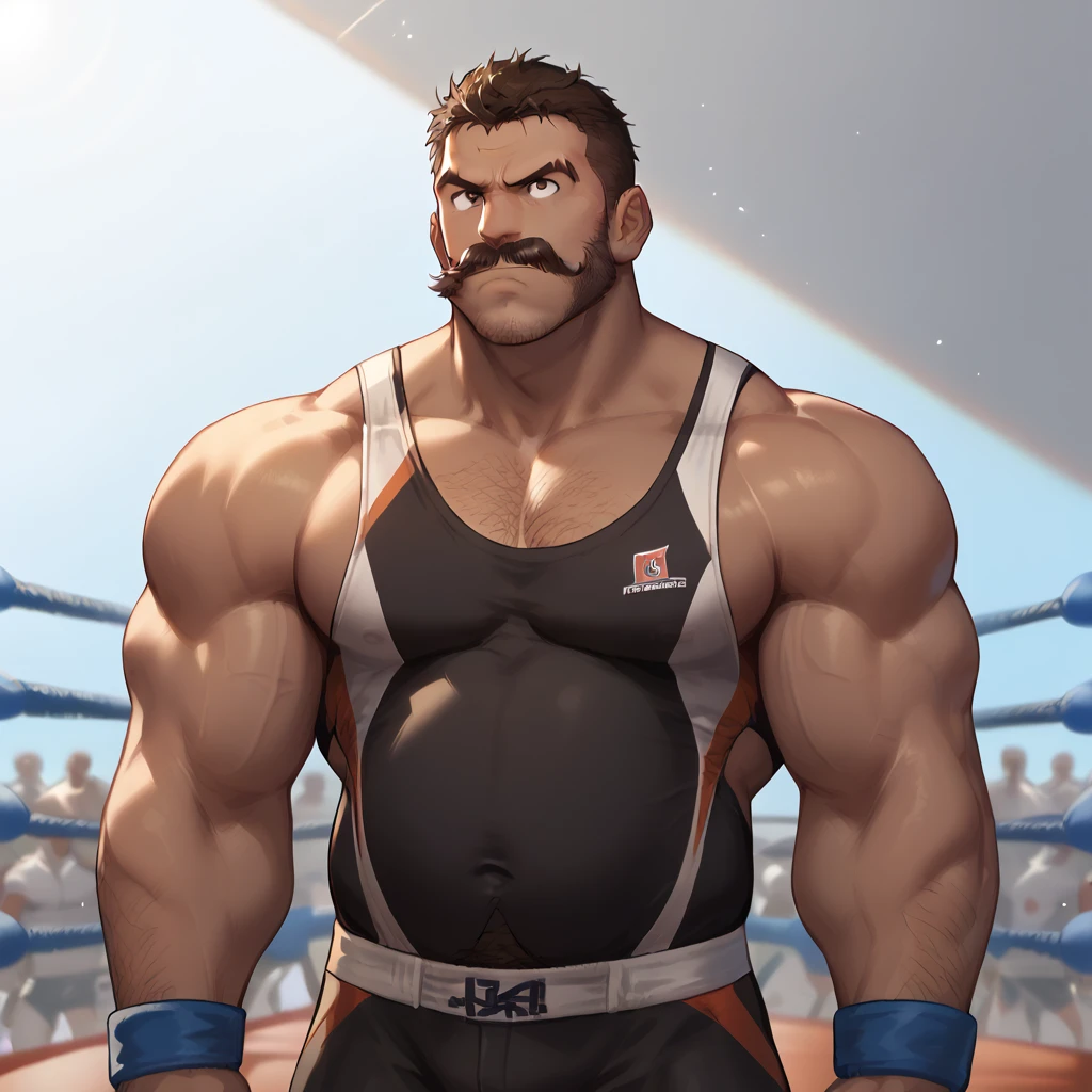 masterpiece, best quality, very aesthetic, absurdres, BREAK [face:full body:10], looking away, dynamic angle, professional wrestler, musclegut older-aged larger male, serious, tan skin, manly, messy hair, hairy body hair, brown eyes, mustache, beautiful beard, male face, big head, big face, square jawline, male eyes, sharp eyes, male eyebrows, innocent look, BREAK wrestling, standing, fighting pose, dynamic pose, BREAK [simple background::12], wrestling gym, indoor,  