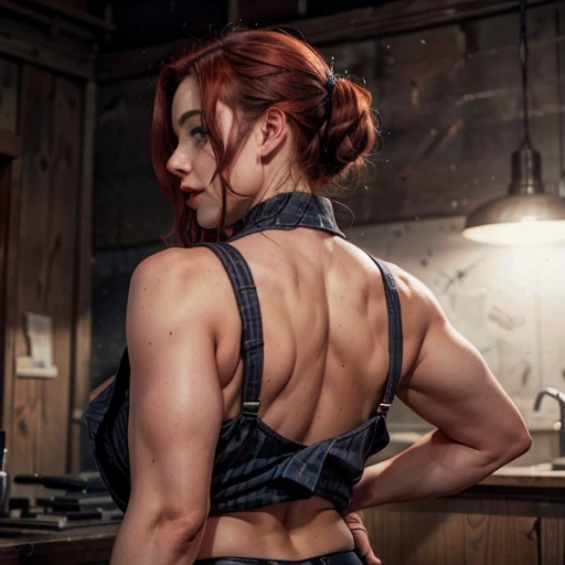 American shot. Erotic version of "Rosie, the Riveter", curling one of her biceps with her back to the viewer.